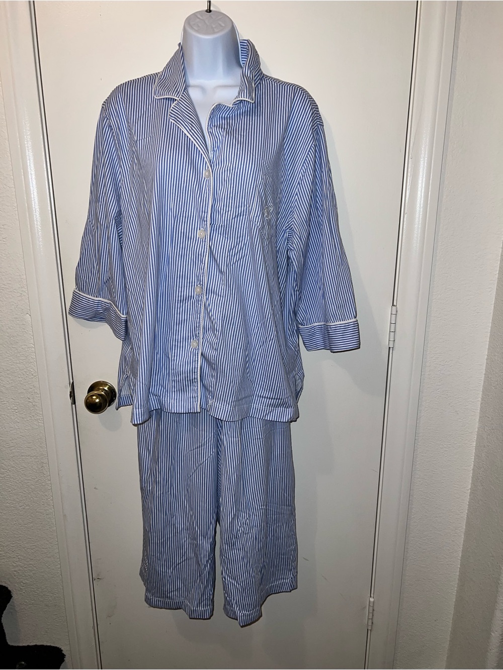 Lauren Ralph Lauren Blue and White Pinstripe Cotton Pajama Set